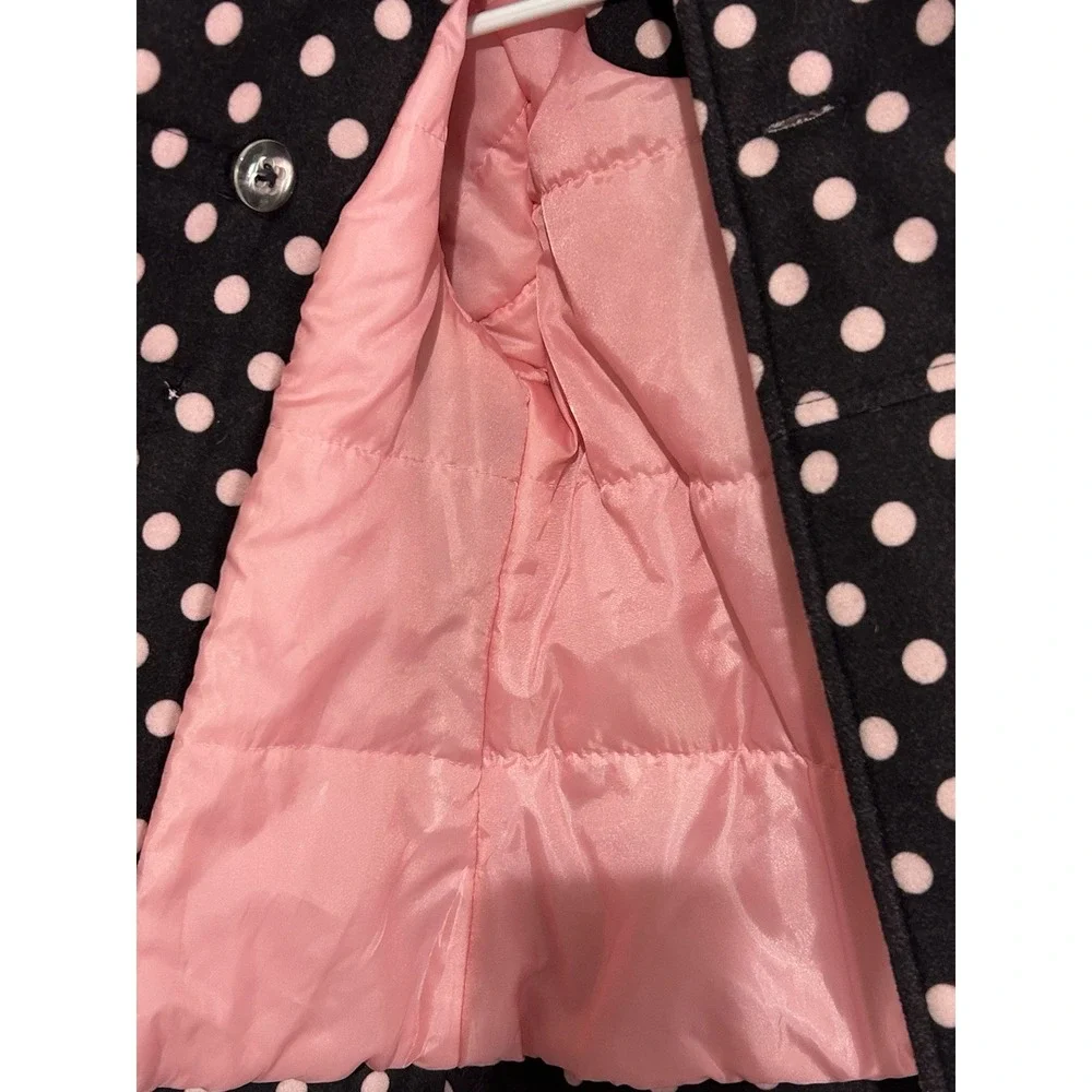 OshKosh 4T GIRLS‎ Brown Pink Pea Coat Polka Dot Winter Jacket Hood Faux Fur